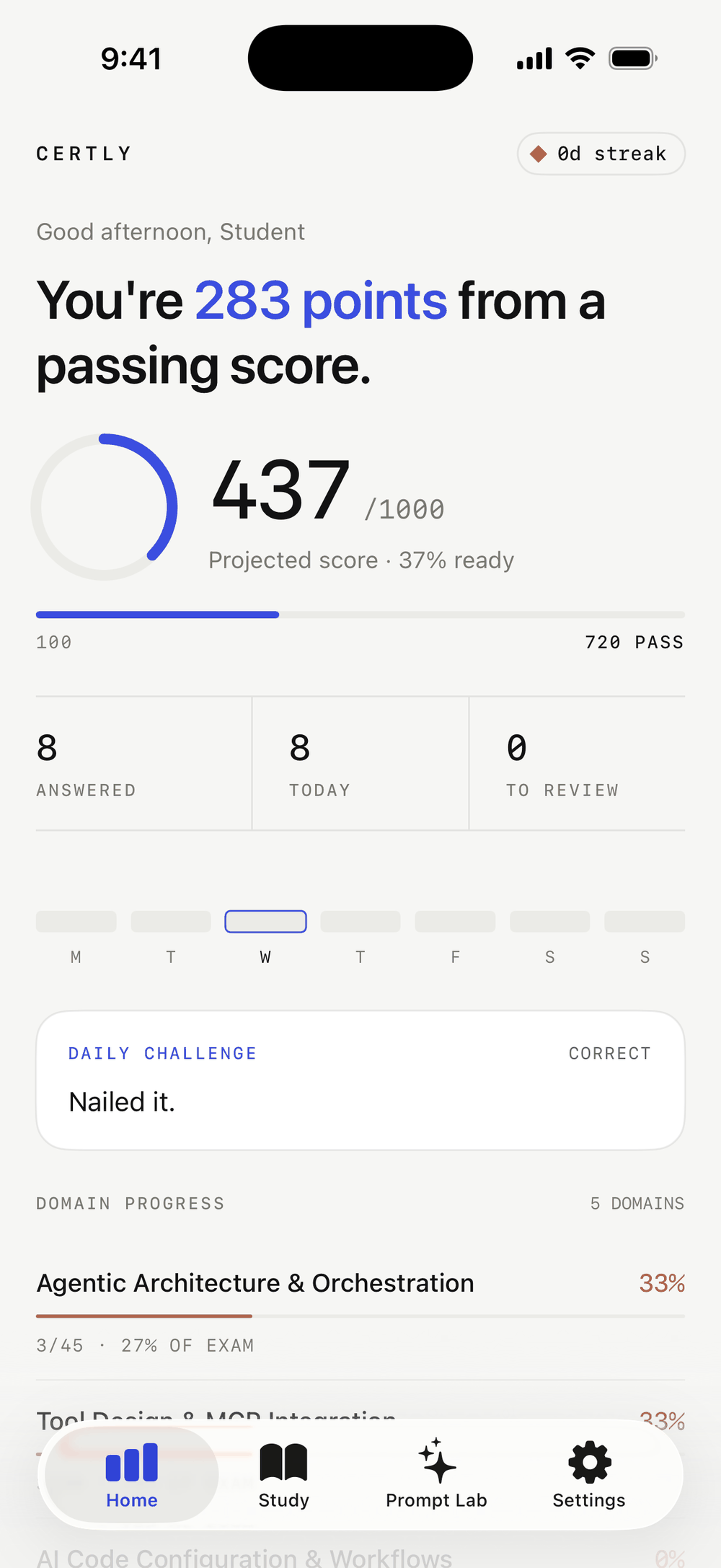 The Certly dashboard showing a projected score of 437 out of 1000, a study streak, and per-domain progress