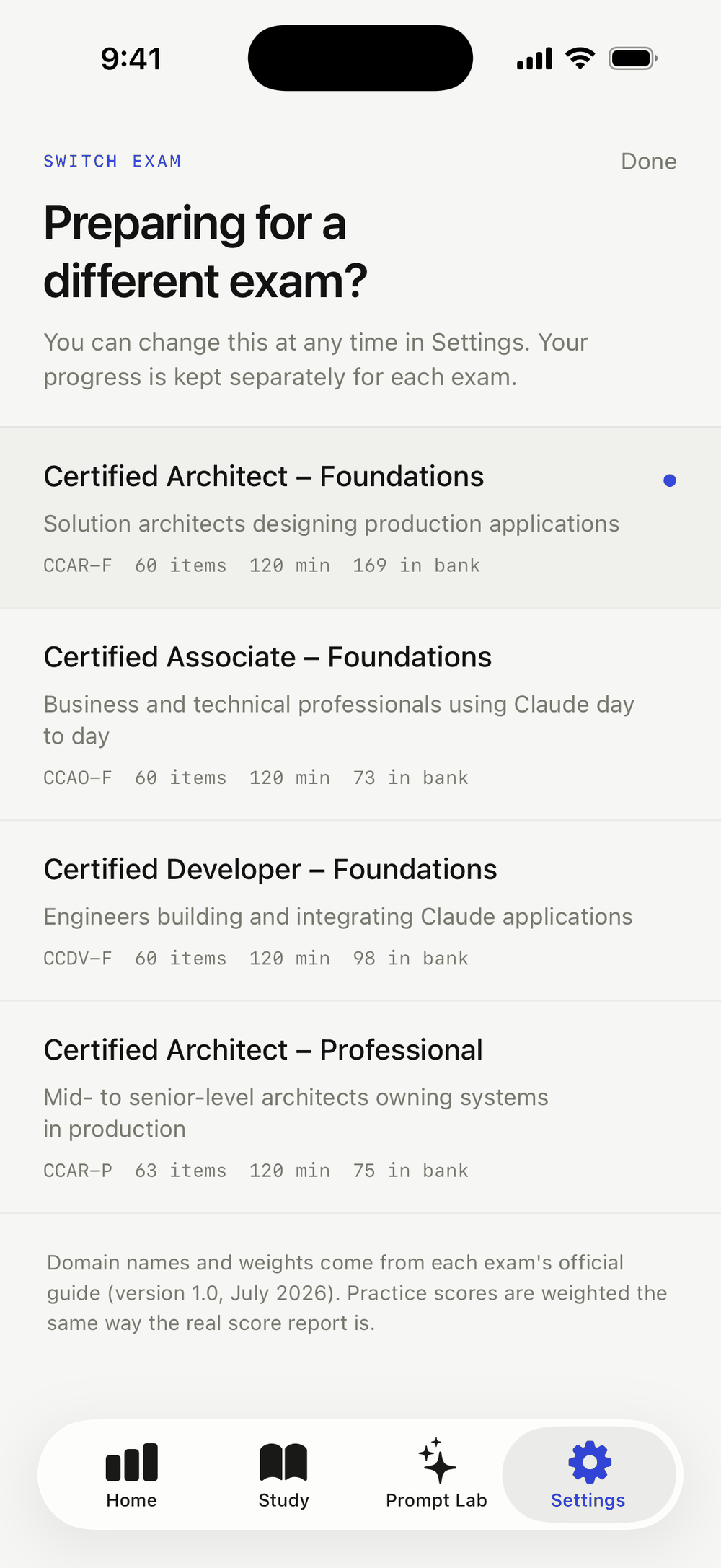 Exam picker listing the four Claude certification exams