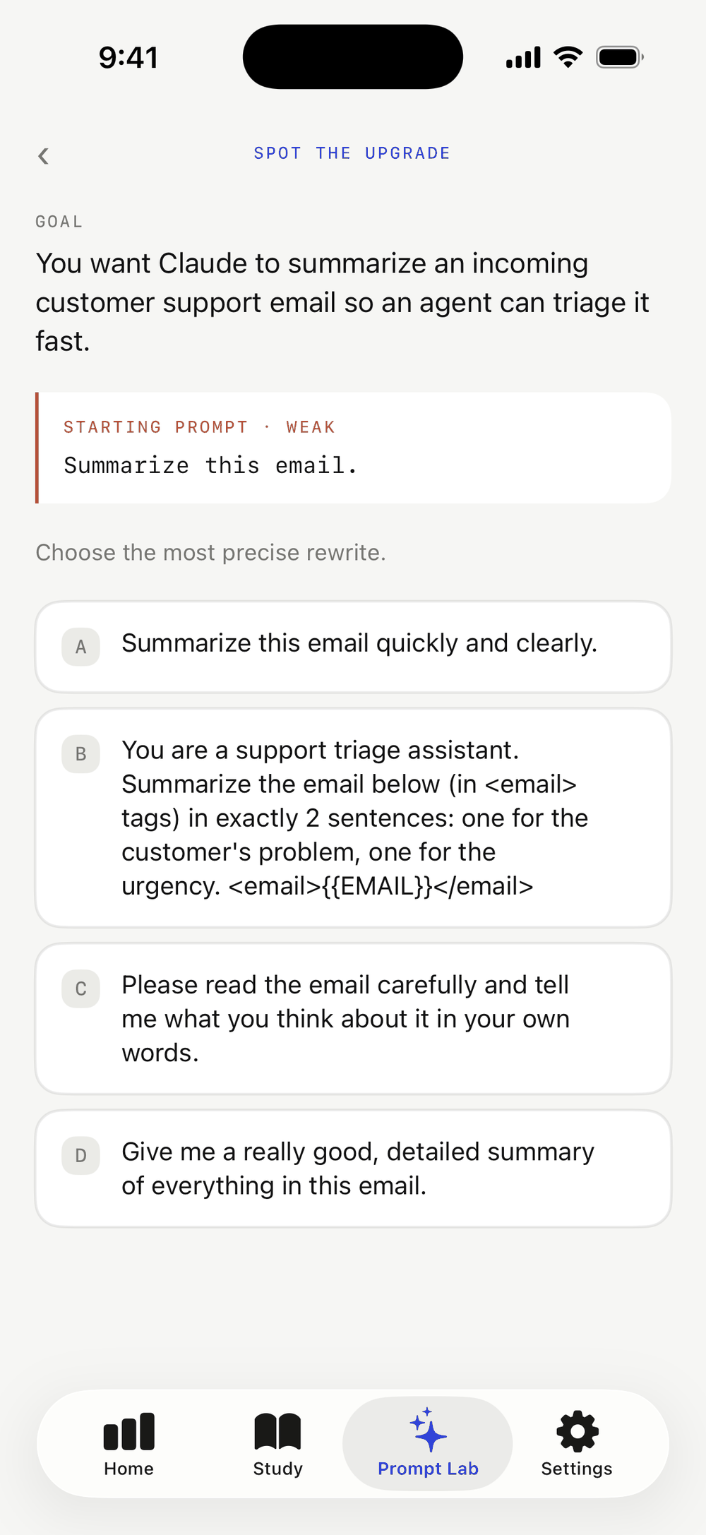 A Prompt Lab exercise showing a weak starting prompt and four rewrites to choose from