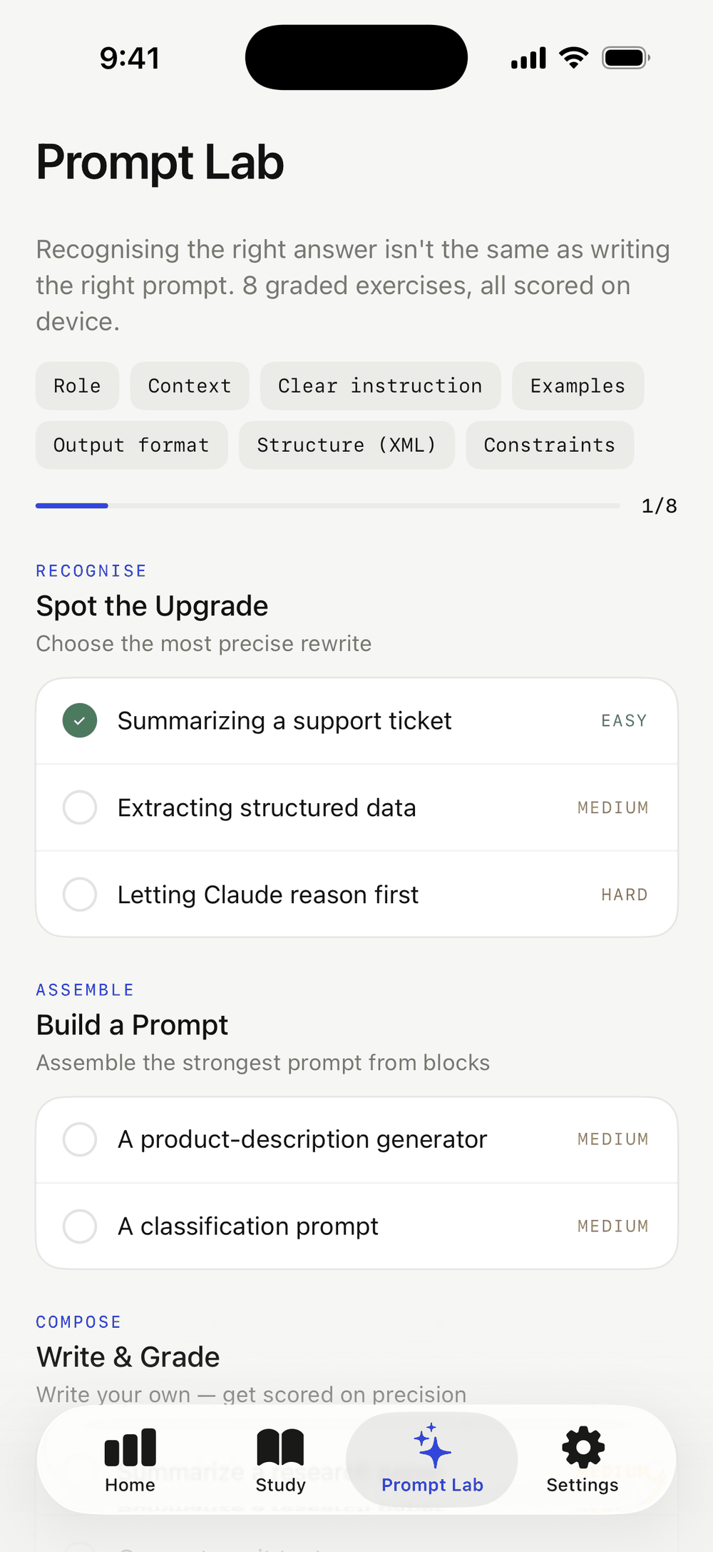 Prompt Lab menu with Spot the Upgrade, Build a Prompt and Write and Grade sections