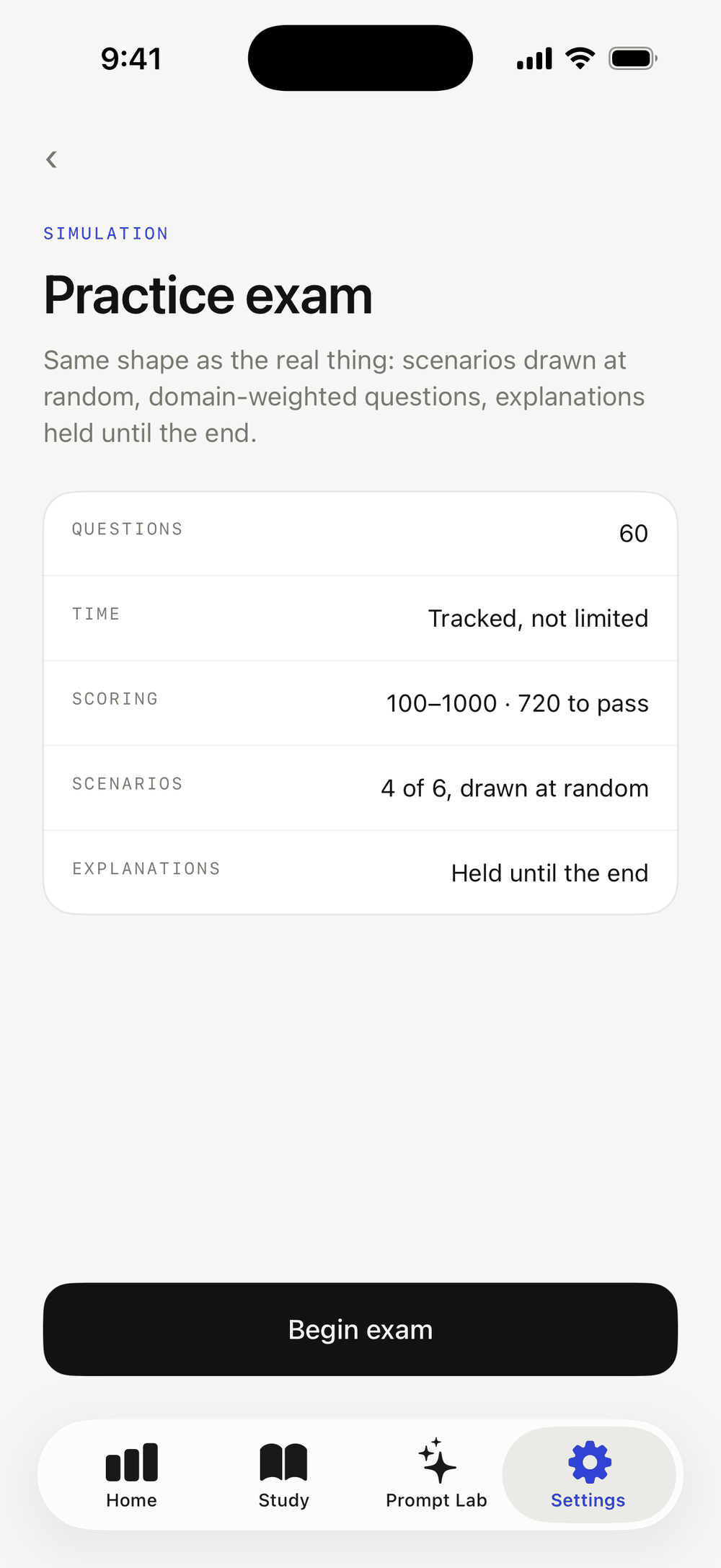 Practice exam setup screen showing 60 questions and 720 to pass