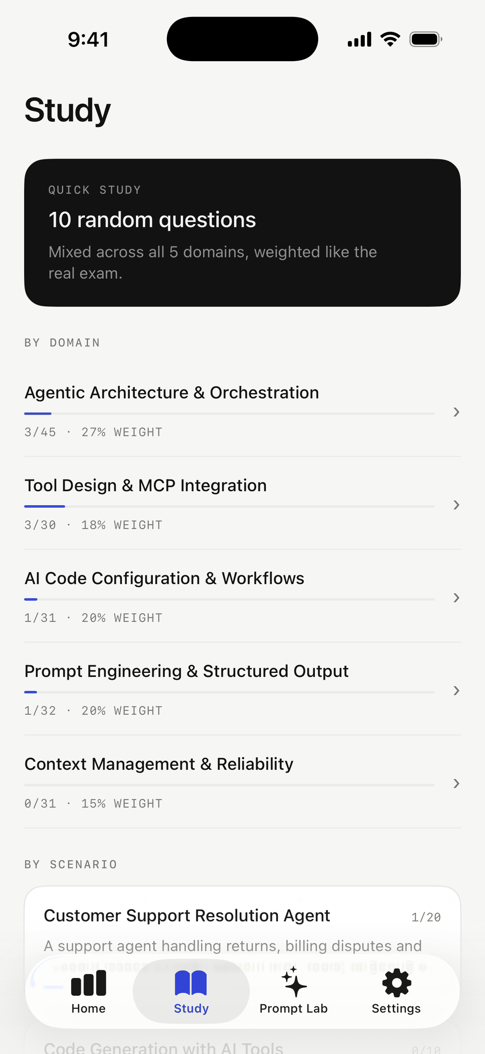 Study tab listing quick study and each domain with its exam weight